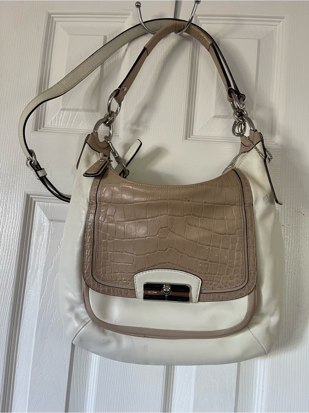 Vintage Coach Cream and Taupe Croc-Embossed Flap Shoulder Bag